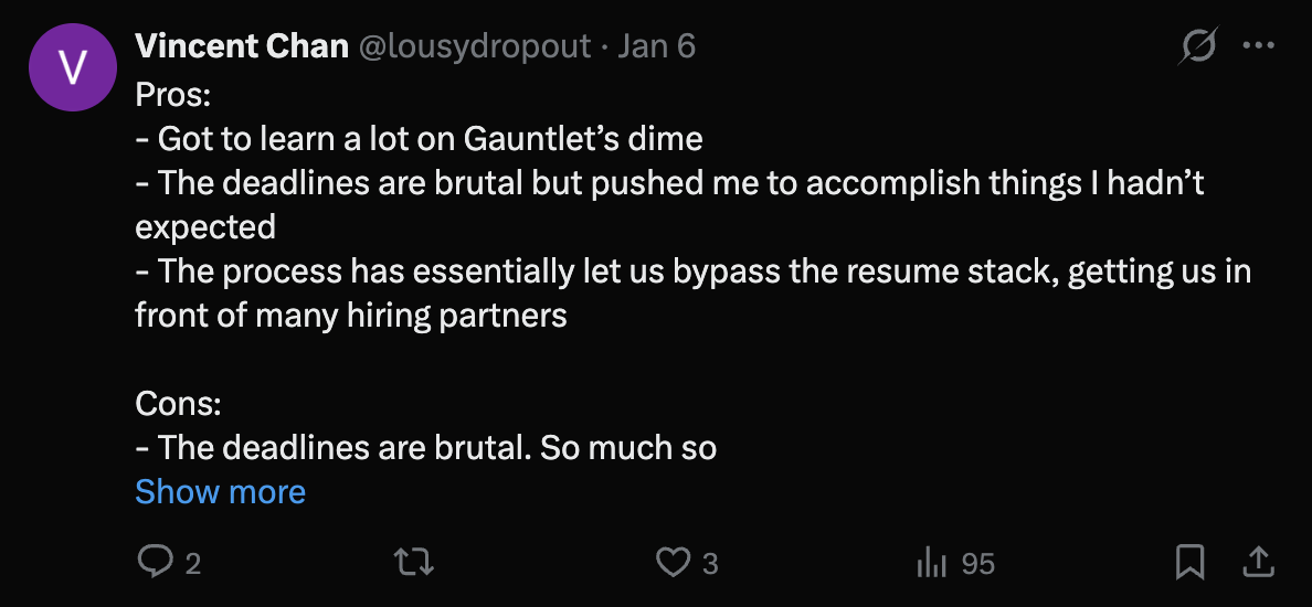 Gauntlet AI alumnus post on X
