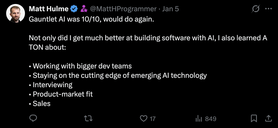 Gauntlet AI alumnus post on X